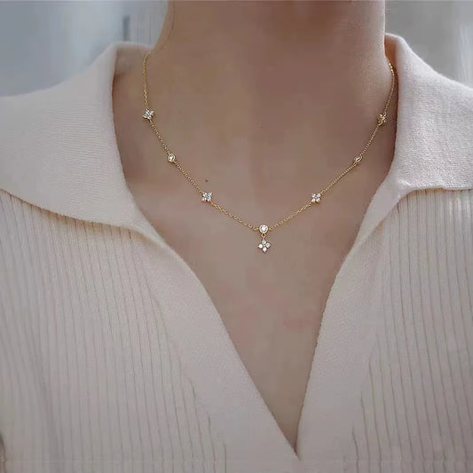 Inlaid Zircon Four-Leaf Flower Chain Necklace for Women New Niche Light Luxury Hot Fashion Collares Choker Accessories