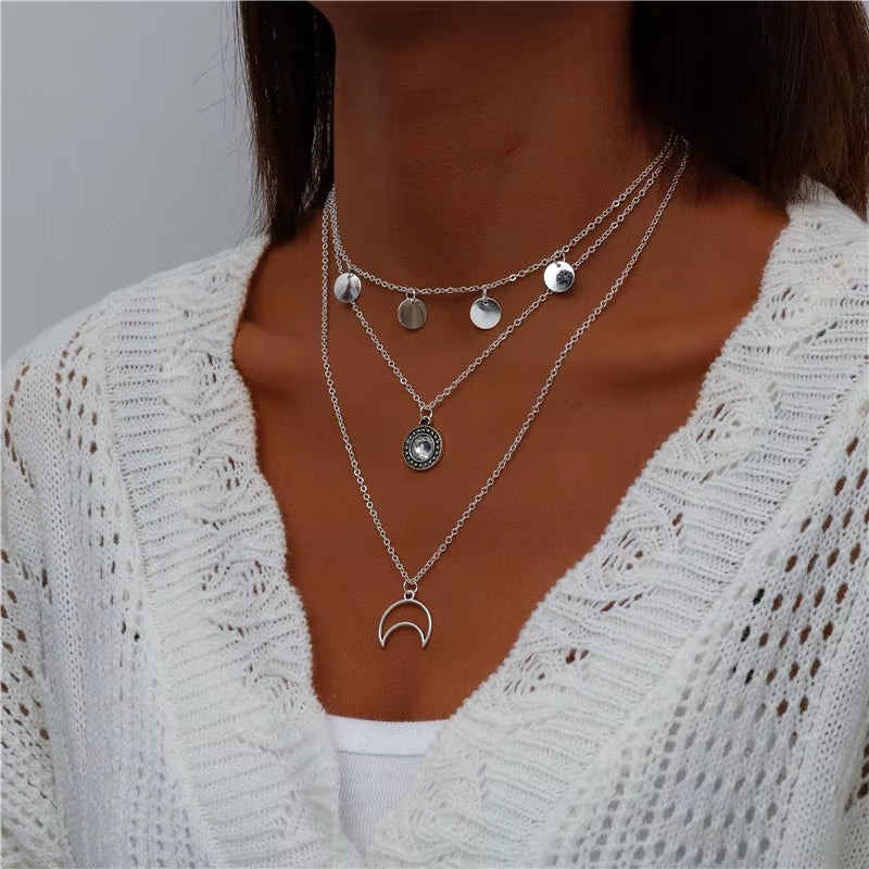 Bohemian Multi Layered Necklace for Women Vintage Portrait Coin Star Moon Pendant Necklace Geometric Collier Collares