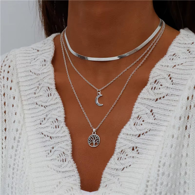 Bohemian Multi Layered Necklace for Women Vintage Portrait Coin Star Moon Pendant Necklace Geometric Collier Collares