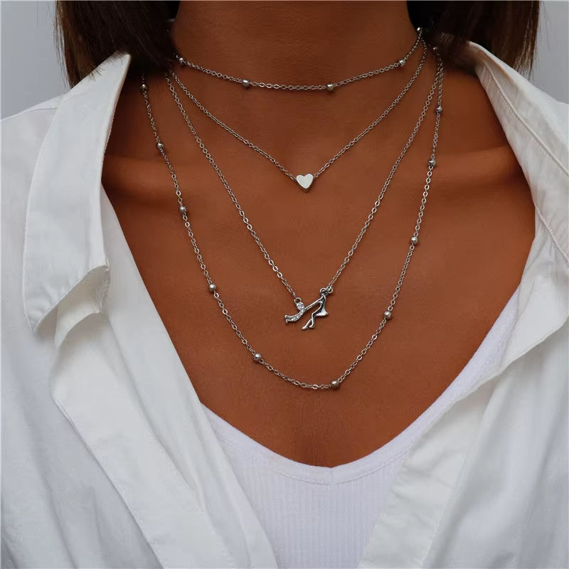 Bohemian Multi Layered Necklace for Women Vintage Portrait Coin Star Moon Pendant Necklace Geometric Collier Collares