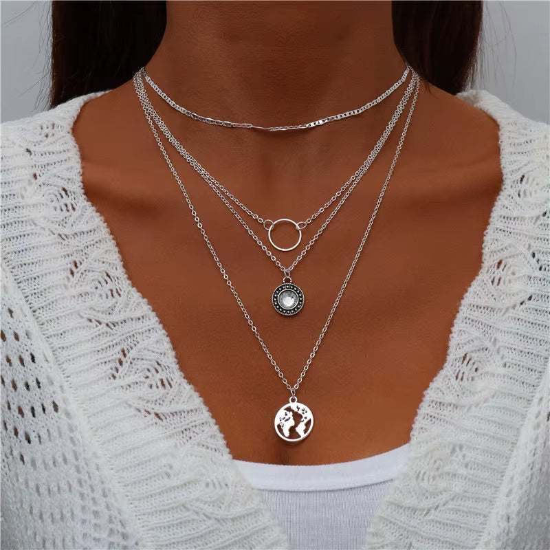 Bohemian Multi Layered Necklace for Women Vintage Portrait Coin Star Moon Pendant Necklace Geometric Collier Collares