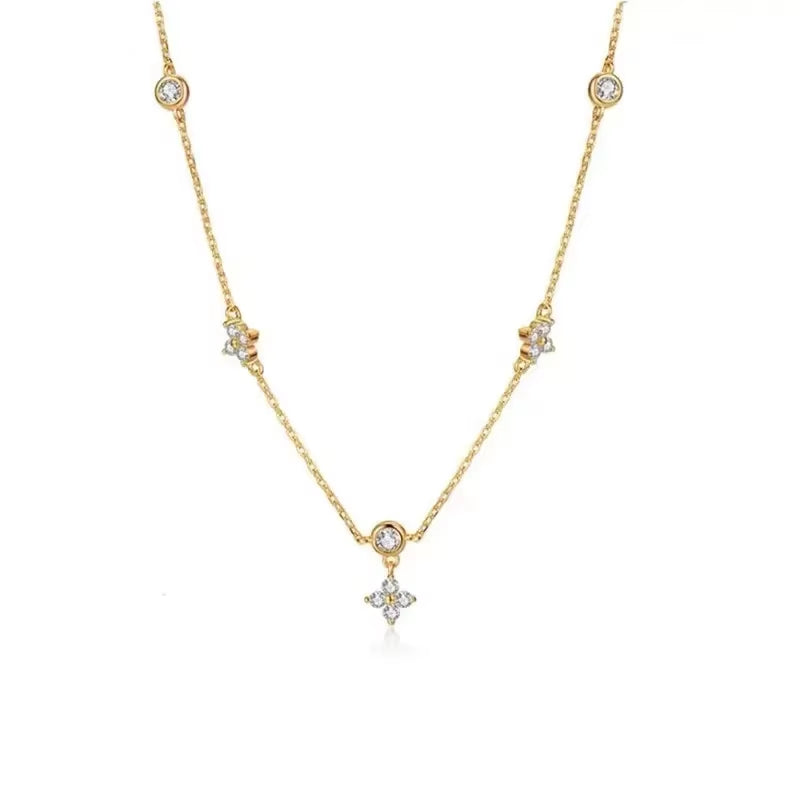 Inlaid Zircon Four-Leaf Flower Chain Necklace for Women New Niche Light Luxury Hot Fashion Collares Choker Accessories
