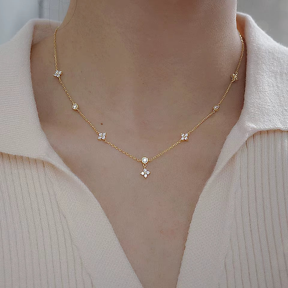 Yupsk Inlaid Zircon Four-Leaf Flower Chain Necklace for Women New Niche Light Luxury Hot Fashion Collares Choker Accessories