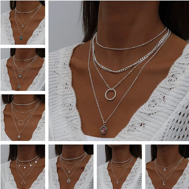 Bohemian Multi Layered Necklace for Women Vintage Portrait Coin Star Moon Pendant Necklace Geometric Collier Collares